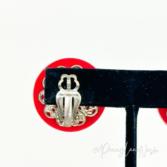 Vintage Clip On Large Red Button Earrings - Picture 7 of 7
